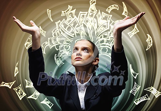 Young crying businesswoman praying on dollar symbol Young crying businesswoman praying on dollar symbol