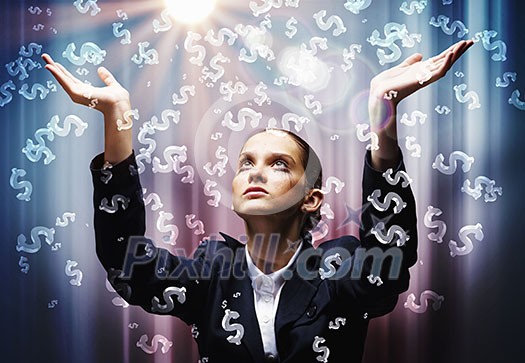 Young crying businesswoman praying on dollar symbol Young crying businesswoman praying on dollar symbol