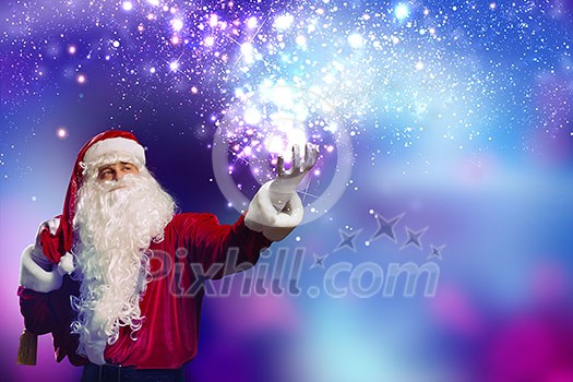 Santa Claus with gift bag behind shoulders Santa Claus with gift bag behind shoulders