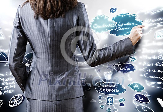 Rear view of businesswoman drawing business plan Rear view of businesswoman drawing business plan