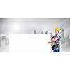 Young repairman holding white blank banner. Place for text