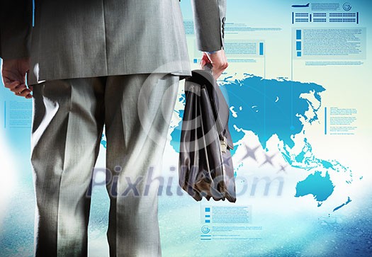Bottom view of businessman and digital background Bottom view of businessman and digital background