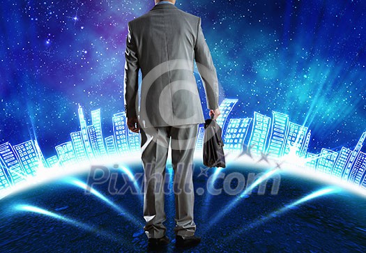Rear view of businessman with briefcase and sketches at background Rear view of businessman with briefcase and sketches at background