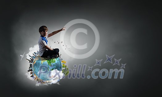 Cute school boy sitting on Earth planet and pointing with finger up. Elements of this image are furnished by NASA Cute school boy sitting on Earth planet and pointing with finger up. Elements of this image are furnished by NASA