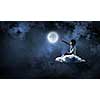 Cute school boy sitting on cloud and touching moon with finger
