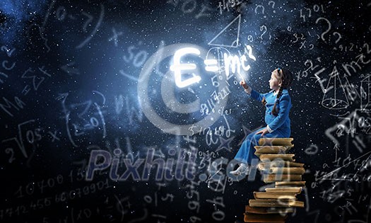 Little cute girl sitting on pile of books and pointing with finger Little cute girl sitting on pile of books and pointing with finger
