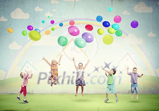 Group of happy children playing with colorful balloons Group of happy children playing with colorful balloons