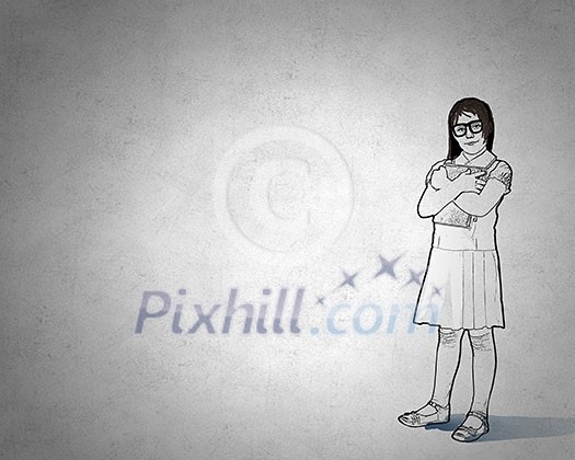 Silhouette of drawn school girl on concrete wall Silhouette of drawn school girl on concrete wall
