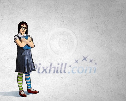 Silhouette of drawn school girl on concrete wall Silhouette of drawn school girl on concrete wall