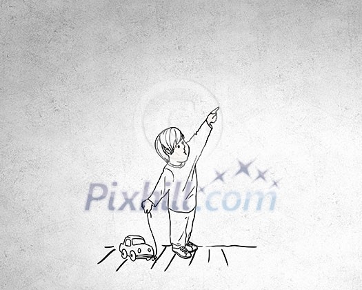 Sketched image of little boy with car pointing with finger Sketched image of little boy with car pointing with finger