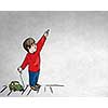 Sketched image of little boy with car pointing with finger
