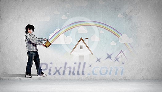 Sketched image of boy with bucket on concrete background Sketched image of boy with bucket on concrete background