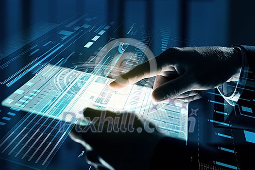 Close up of human hands using virtual panel Close up of human hands using virtual panel