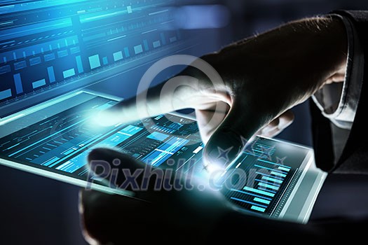 Close up of human hands using virtual panel Close up of human hands using virtual panel