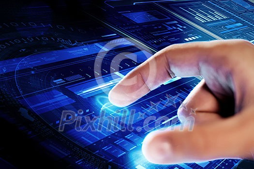 Close up of human hands using virtual panel Close up of human hands using virtual panel