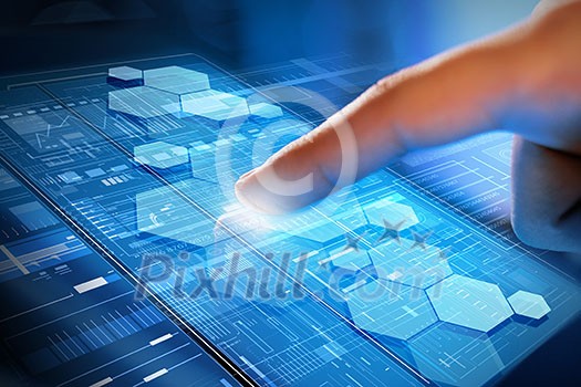 Close up of human hands using virtual panel