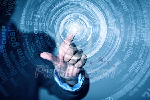 Close up of businessman touching digital screen with finger Close up of businessman touching digital screen with finger