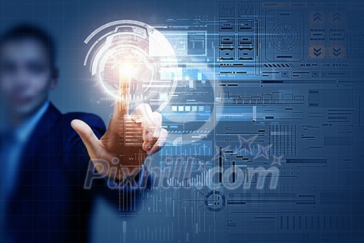 Businessman hand touching with finger virtual panel with infographs Businessman hand touching with finger virtual panel with infographs