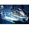 Close up of human hands using virtual panel