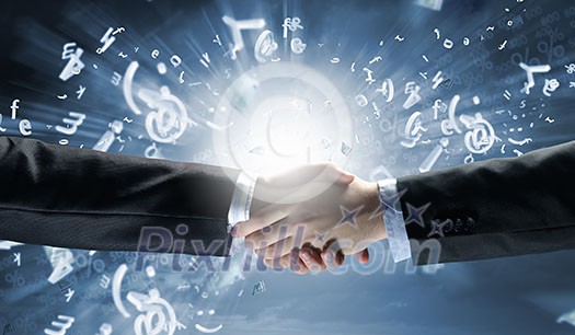 Close up of business handshake on digital background Close up of business handshake on digital background