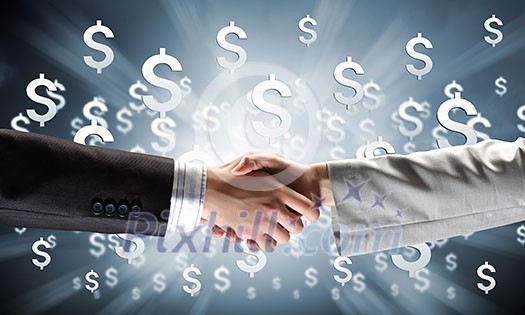 Close up of business handshake on digital background Close up of business handshake on digital background