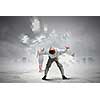 Businessman bent over and evading from flying puzzle element