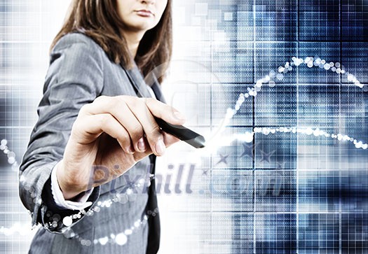 Close up of businesswoman touching media screen with stylus Close up of businesswoman touching media screen with stylus