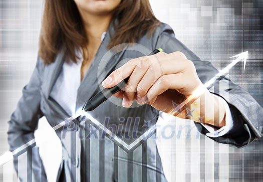 Close up of businesswoman touching media screen with stylus Close up of businesswoman touching media screen with stylus