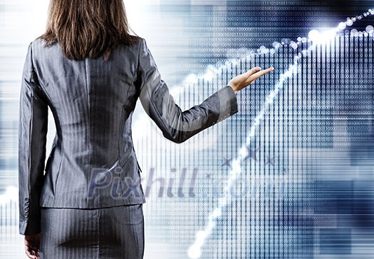 Rear view of businesswoman and media digital background Rear view of businesswoman and media digital background