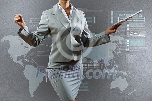 Bottom view of businesswoman drawing business sketches Bottom view of businesswoman drawing business sketches