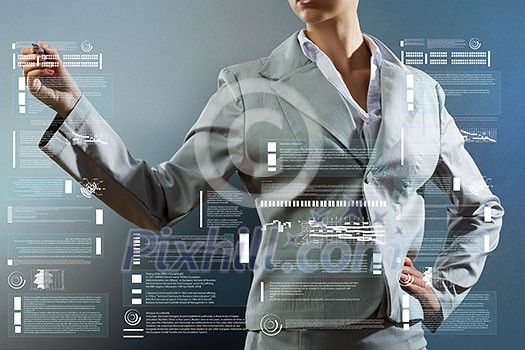 Bottom view of businesswoman drawing business sketches Bottom view of businesswoman drawing business sketches