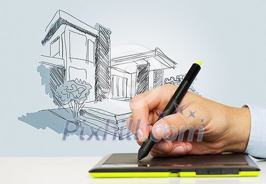 Close up of man hand drawing construction sketches Close up of man hand drawing construction sketches