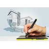 Close up of man hand drawing construction sketches