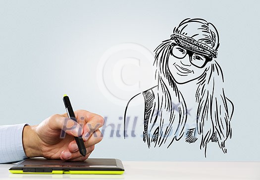 Close up of human hand using tablet for drawing Close up of human hand using tablet for drawing