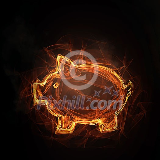 Glowing fire piggy bank icon on dark background Glowing fire piggy bank icon on dark background