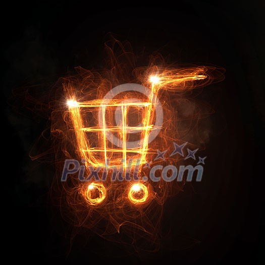 Glowing fire cart sign on dark background Glowing fire cart sign on dark background