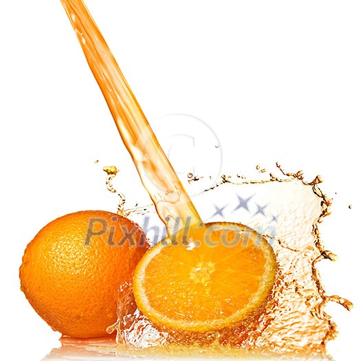 Water splash on orange isolated on white Water splash on orange isolated on white
