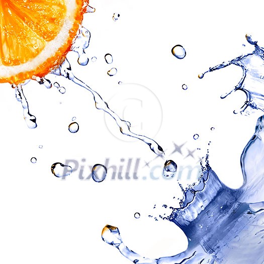 fresh water splash and drops on orange isolated on white fresh water splash and drops on orange isolated on white