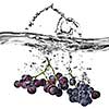 blue grape dropped into water with splash isolated on white