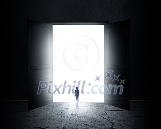 Silhouette of businessman standing in air gap Silhouette of businessman standing in air gap