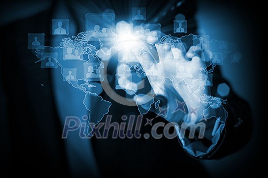 Close up of businessperson touching icon of media screen Close up of businessperson touching icon of media screen