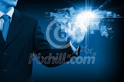 Close up of businessperson touching icon of media screen Close up of businessperson touching icon of media screen
