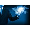 Close up of businessperson touching icon of media screen