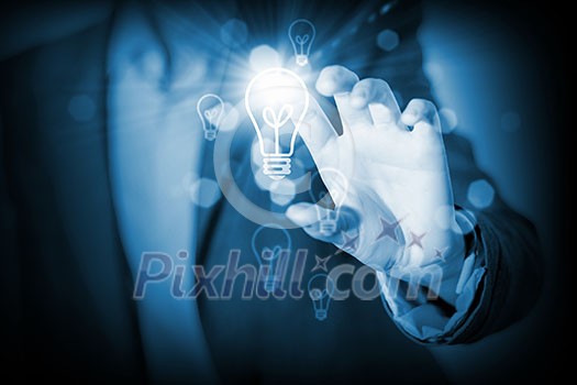Close up of businessman hand touching icon on media screen Close up of businessman hand touching icon on media screen