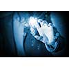 Close up of businessman hand touching icon on media screen