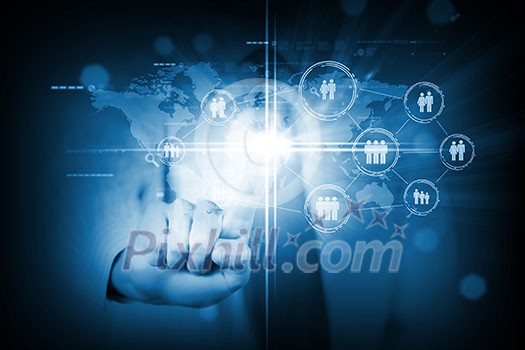 Close up of businessperson touching icon of media screen Close up of businessperson touching icon of media screen