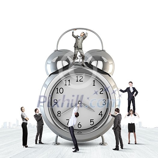 Big old-style clock and many businesspeople around Big old-style clock and many businesspeople around