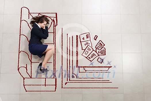 Tired businesswoman sleeping on floor and dreaming Tired businesswoman sleeping on floor and dreaming