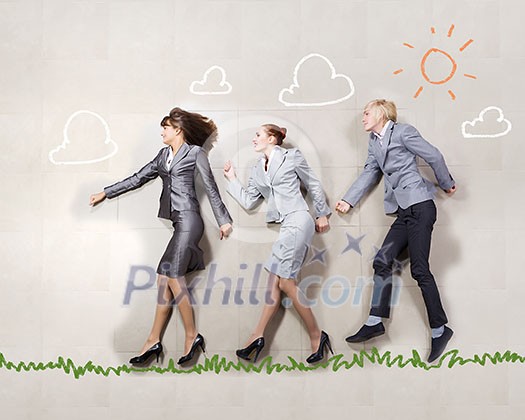 Funny businesspeople lying on floor and acting like running Funny businesspeople lying on floor and acting like running
