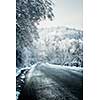 Icy winter road leading downhill through forest
